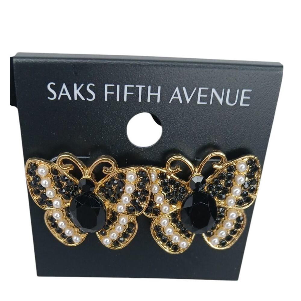 Saks Fifth Avenue Black & Pearl Butterfly Statement Earrings